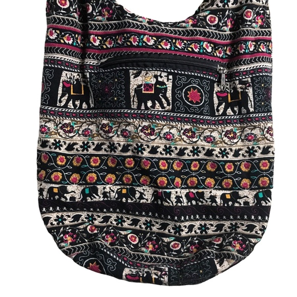 Handmade Boho Floral Elephant Fabric Tote Bag 13W x 12H - Picture 2 of 6